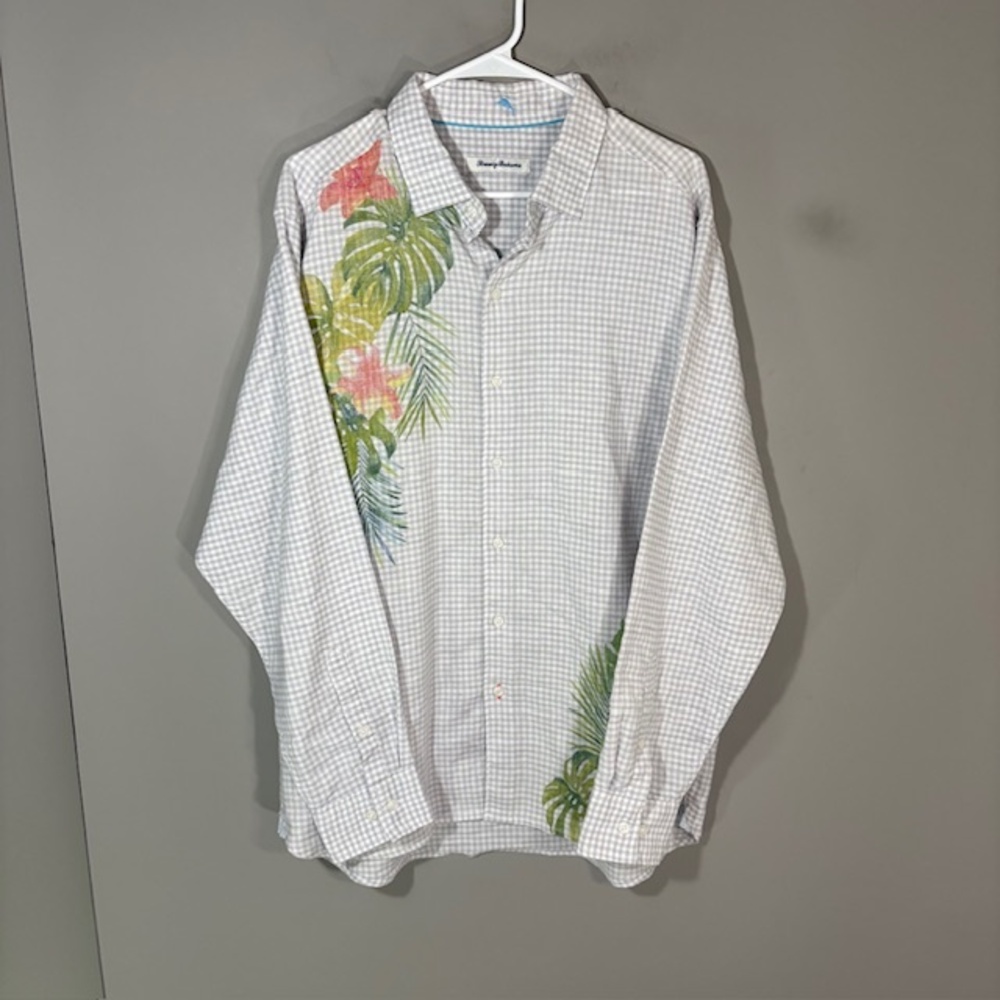 Tommy Bahama Shirt Mens Large White Check Floral Long Sleeve Button Up Hawaiian